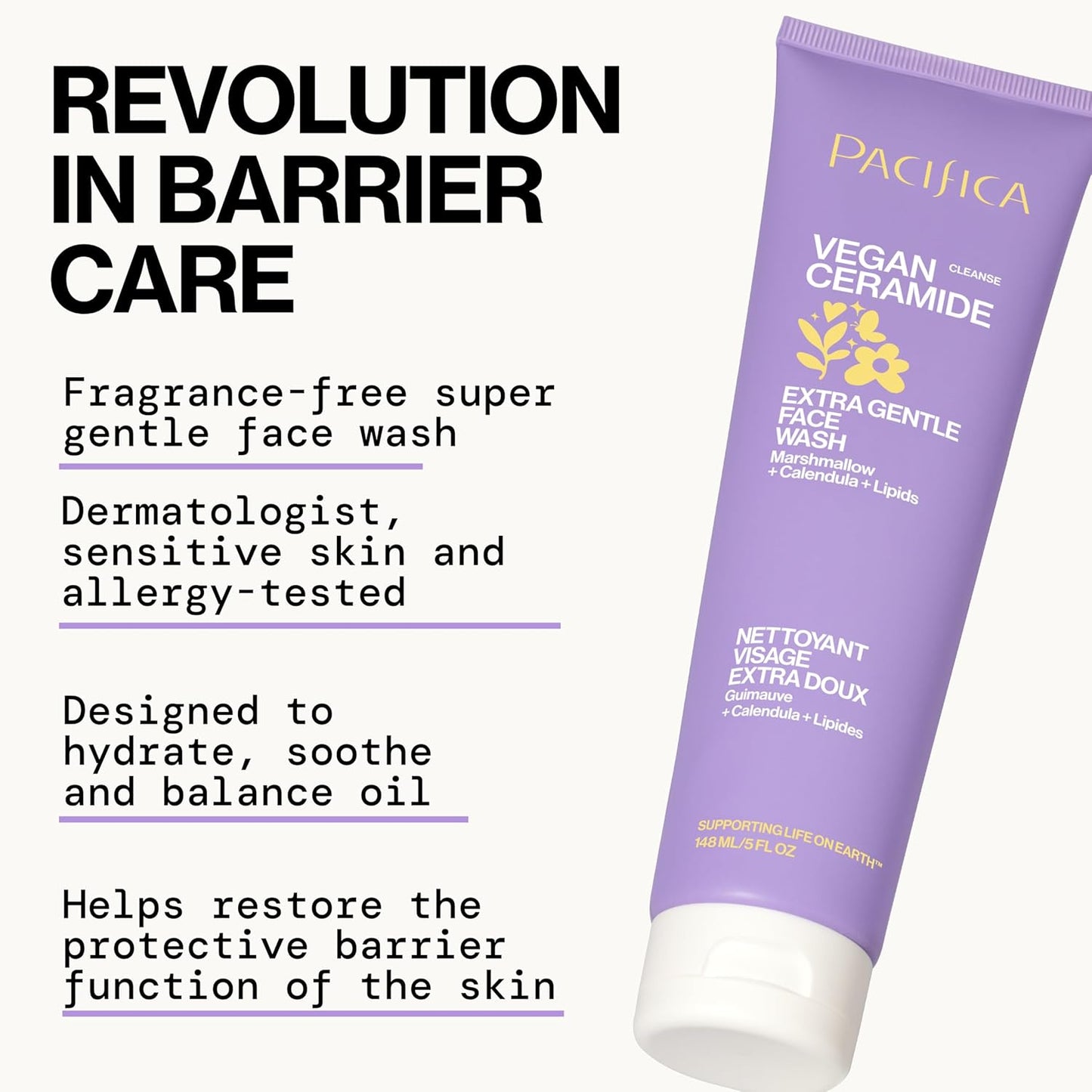 Face Wash for Sensitive Skin Facial Cleanser Vegan Ceramide Barrier Repair Extra Gentle for Daily Fragrance Free for Sensitive Skin, Clean Beauty, Vegan & Cruelty-Free Dermatologist Tested